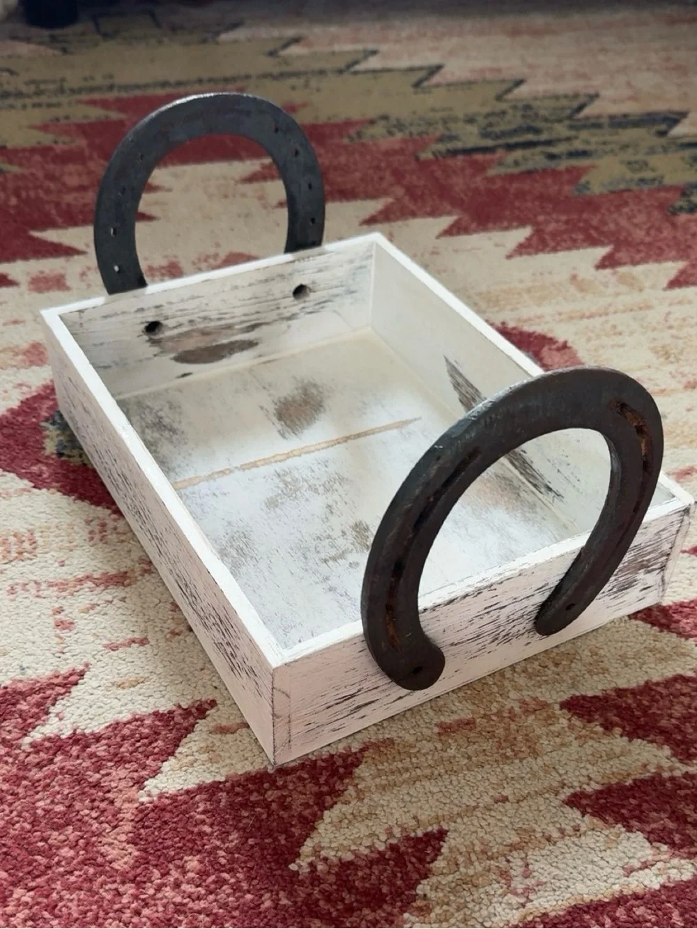 Rustic Farmhouse Whitewashed Wooden Tray with Horseshoe Handles